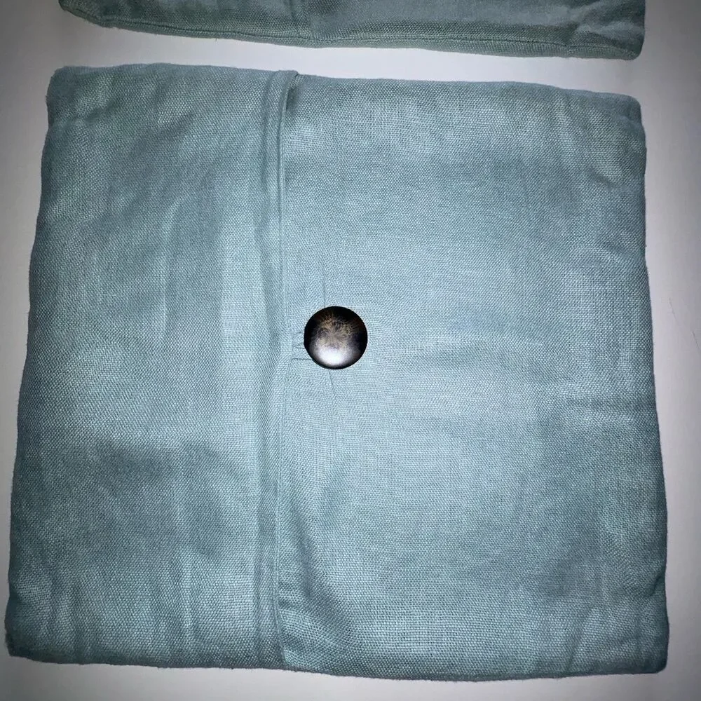 POTTERY BARN Set of 2 Light Blue Linen Throw Pillow Covers Wood Button 18x18”